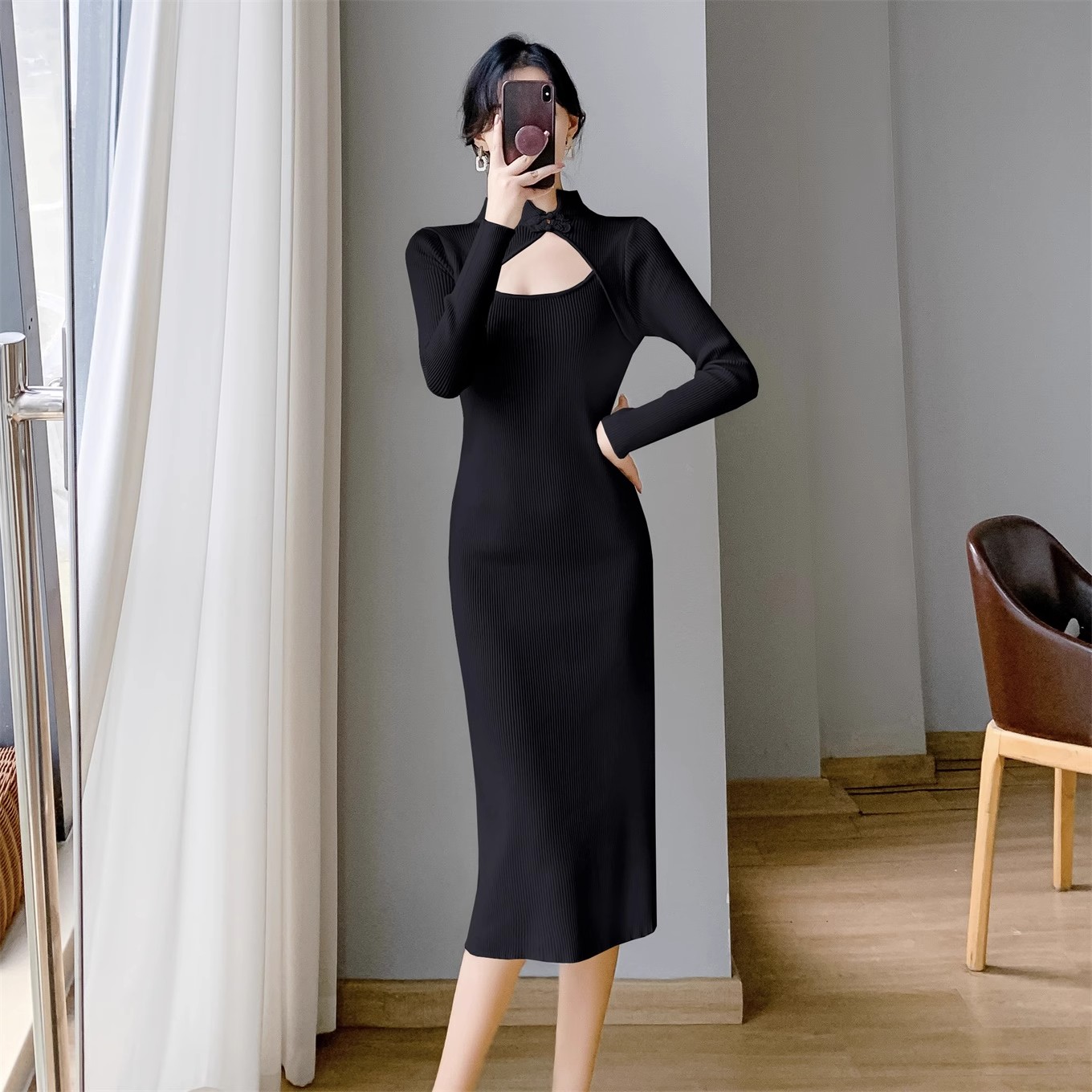 The rich daughter's new Chinese style improved cheongsam long-sleeved knitted dress women's spring and autumn Republican style small dress