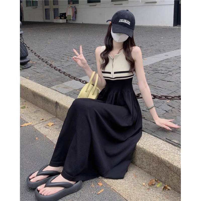 French gentle style splicing zipper sleeveless striped dress women's summer waist slimming long skirt vest skirt