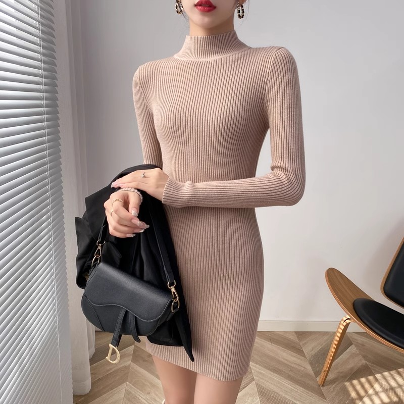 Half turtleneck knitted dress for women 2024 autumn and winter slim fit short Barbie pink hip-hugging sweater short skirt