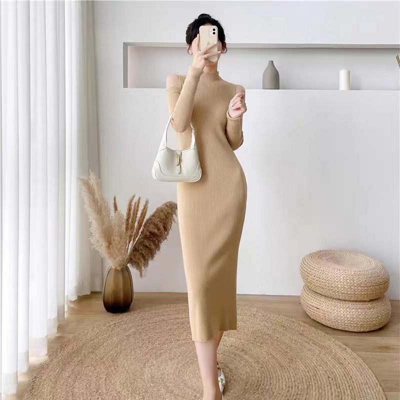 Knitted dress women's autumn and winter new long sweater dress over the knee slim half turtleneck tight off-shoulder long skirt