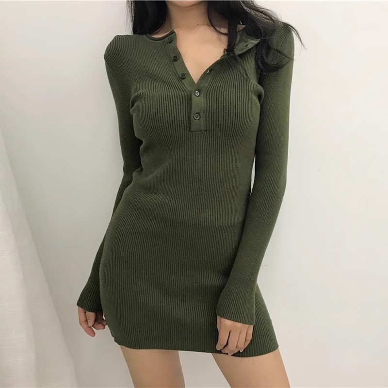 Knitted sweater skirt, short hip-covering slim fit, sexy tight-fitting bottoming shirt, long-sleeved petite dress, autumn and winter