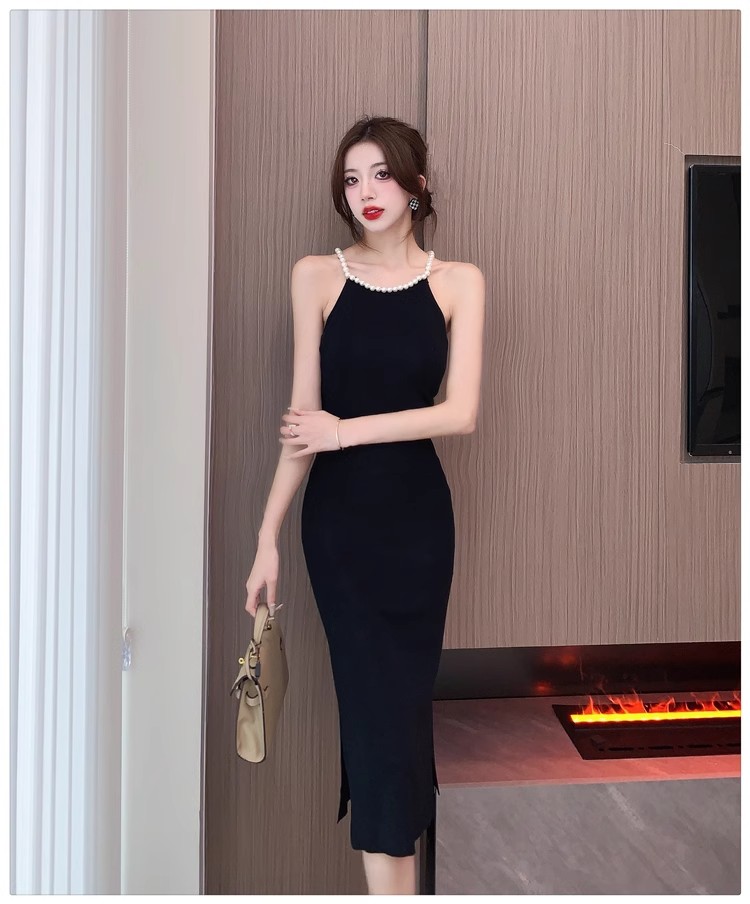 French pearl halterneck dress for women summer ice silk knitted suspender skirt Yujie sexy slit black hip skirt