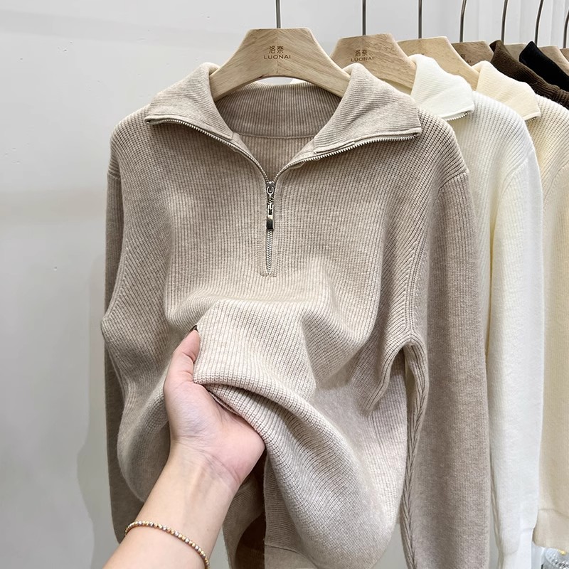 Half zipper loose sweater jacket for women autumn and winter  new design niche slimming thickened bottoming shirt top