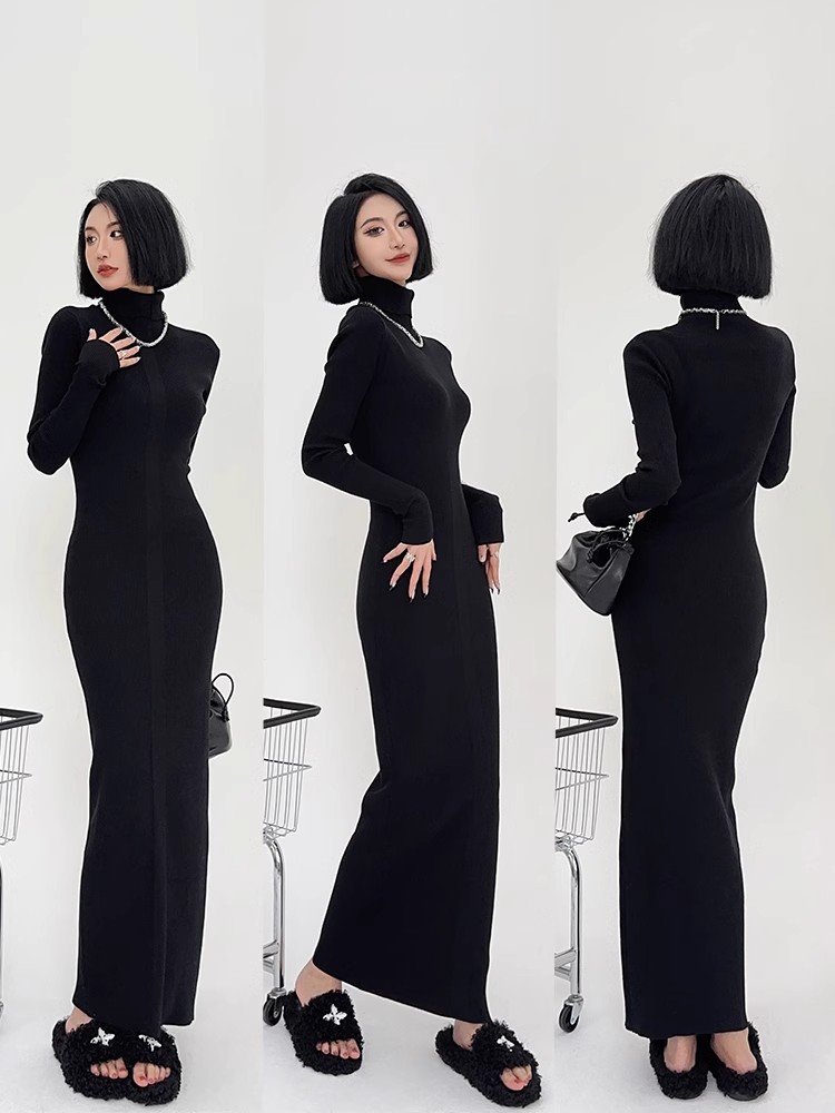 Tall autumn and winter high collar extra long floor-length sweater dress with long sleeves slim bottoming knitted dress for women