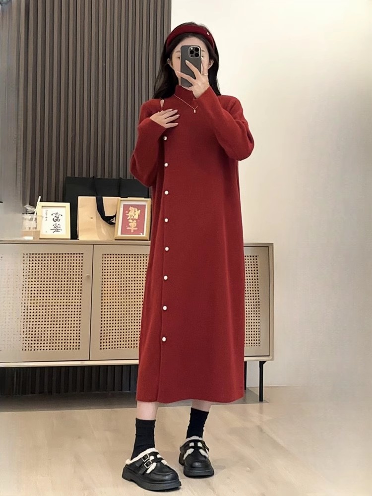 Christmas red knitted dress for women winter new French style bottoming sweater dress high-end inner long skirt