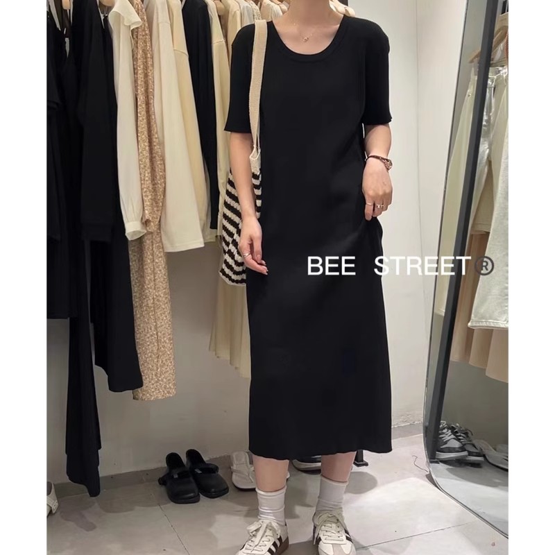 Black dress for women summer new style pullover mid-length striped loose t-shirt dress for petite women