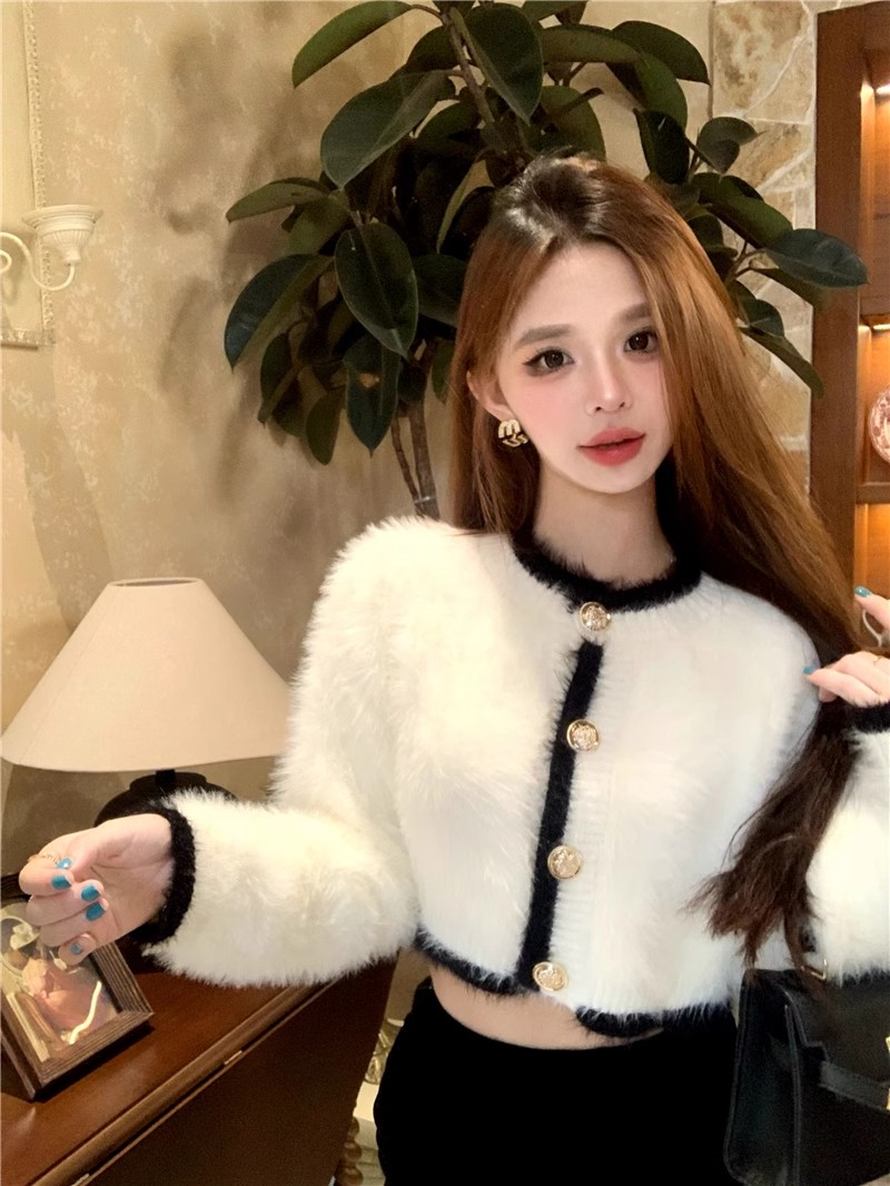 Xiaoxiangfeng imitation mink velvet sweater for women autumn and winter pure desire French socialite short fur top knitted cardigan jacket