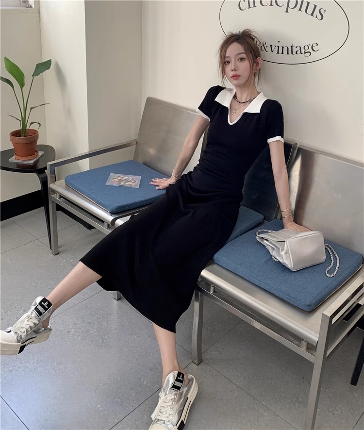 Black Lapel Short Sleeve Dress Women's 2024 New Slim Fit Long Skirt Summer Hot Girl A-Line Skirt