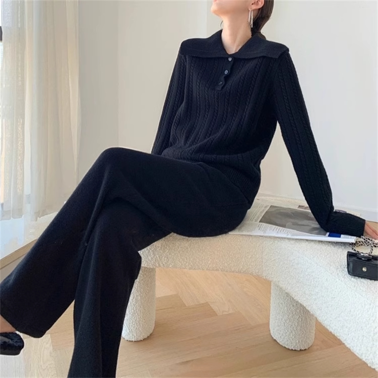 Fashion casual knitted suit for women in autumn and winter new style loose soft glutinous twist pullover sweater wide leg pants two piece set thick