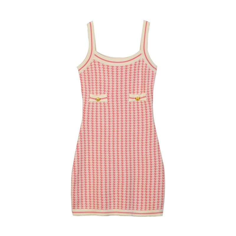 Houndstooth waist slimming and versatile short skirt pink knitted suspender dress