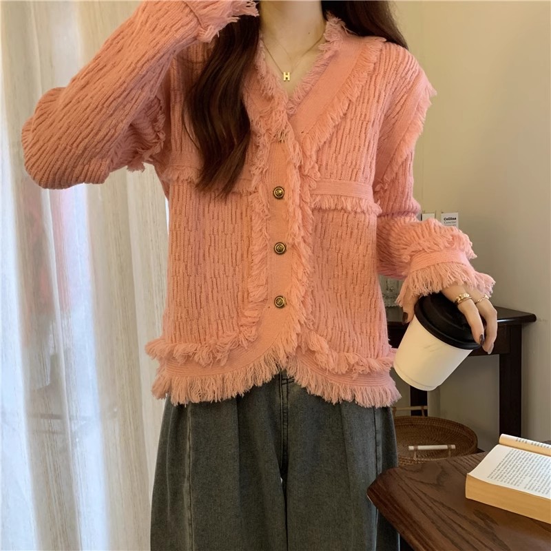 Temperament small fragrant v-neck tassel sweater jacket for women in autumn and winter unique design irregular loose knitted cardigan