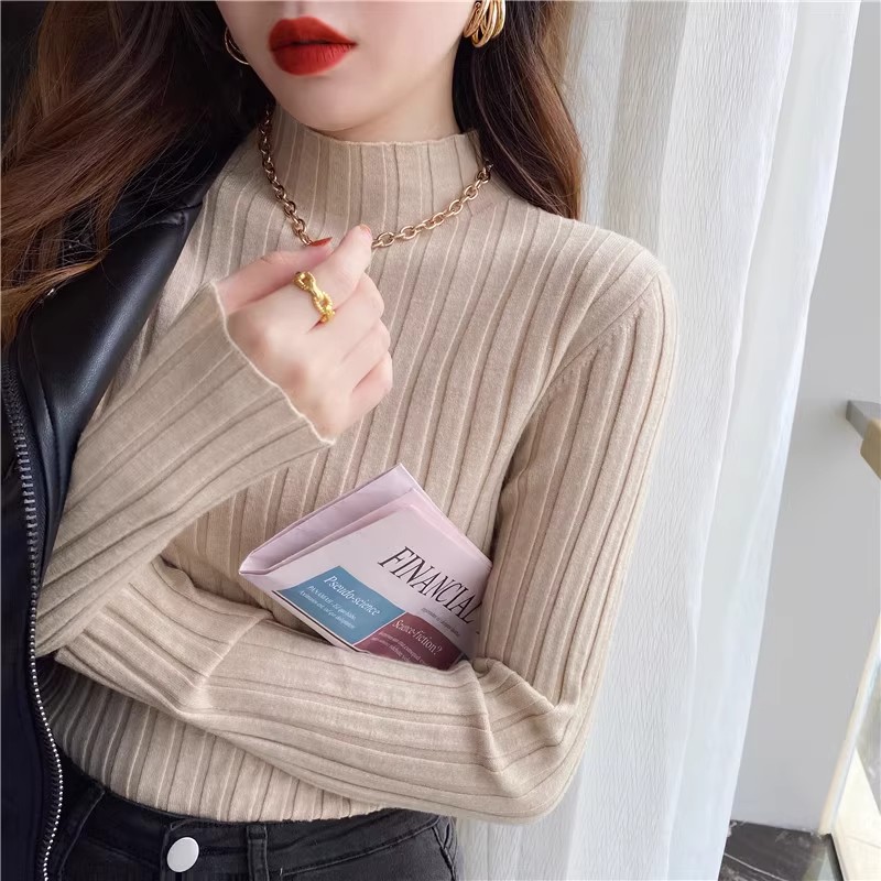 White bottoming shirt for women in autumn and winter with half turtleneck knitted top  new style high-end versatile sweater