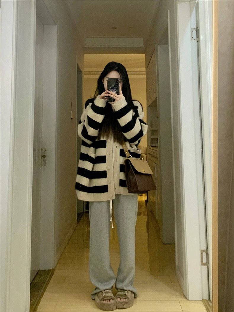  new autumn clothing Korean style loose lazy sweater women's spring and autumn striped knitted cardigan jacket top