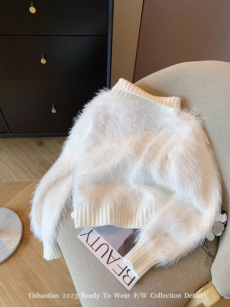 White small fragrance style thickened imitation mink wool sweater cardigan for women  autumn and winter furry and soft waxy knitted jacket