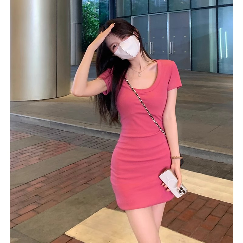 Pure lust style sexy short-sleeved dress women's spring new hot girl waist slimming temperament hip-covering short skirt trendy