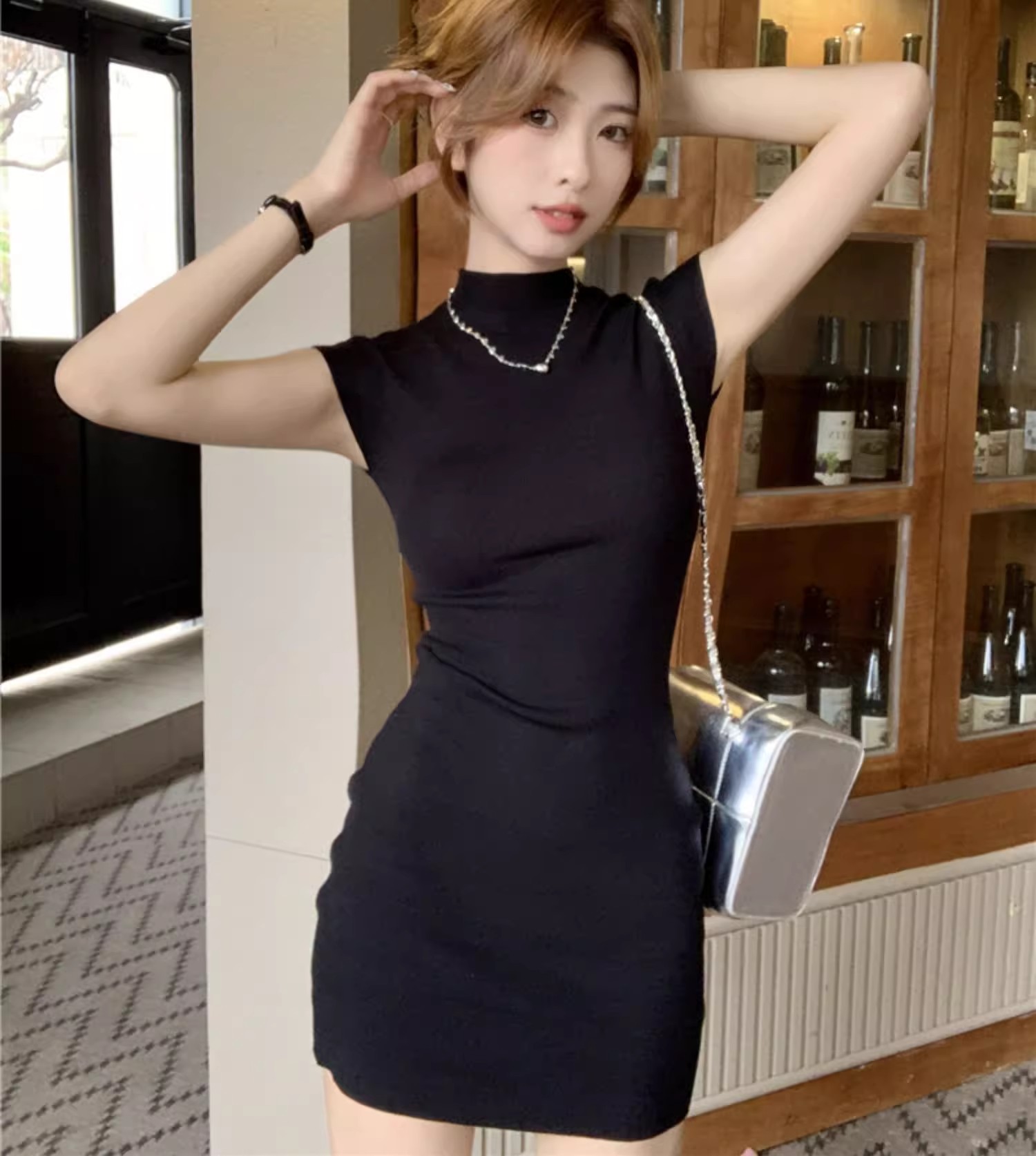 Pure lust style black short-sleeved knitted dress for women spring and summer hot girl short skirt tight waist casual temperament hip-hugging skirt