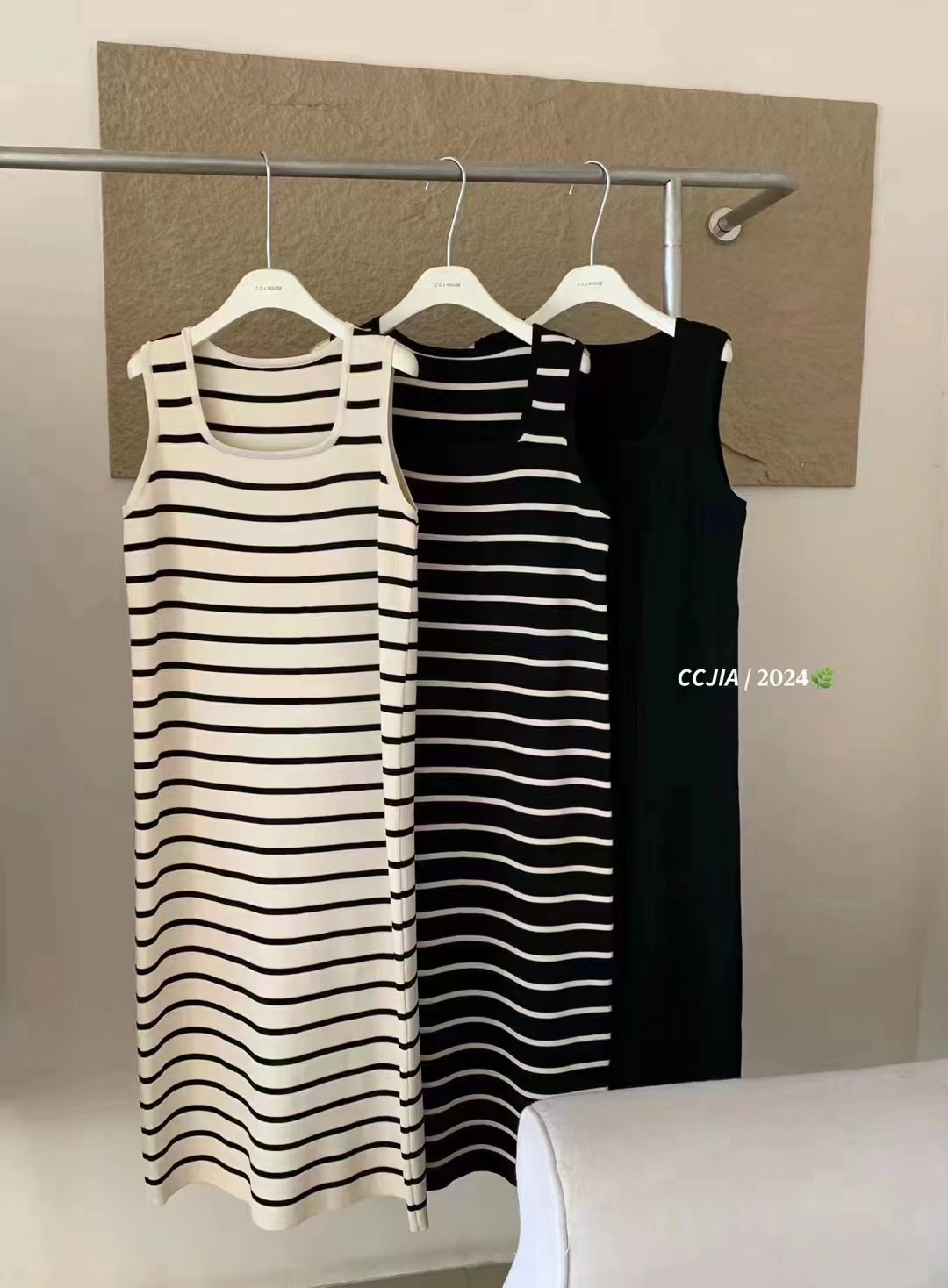 Square neck loose mid-length striped ice silk knitted dress for women in summer