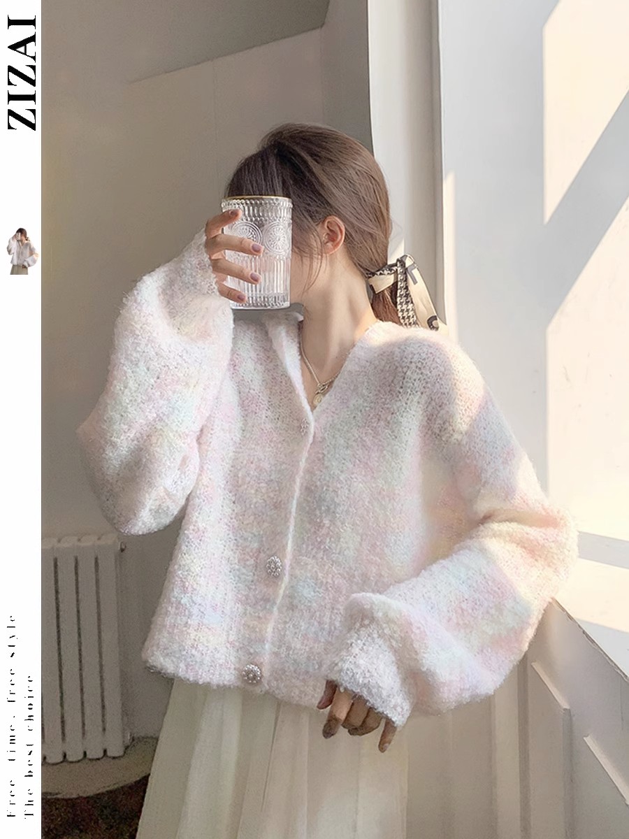 Lazy style hooded sweater for women in autumn and winter loose outer wear design niche cashmere sweater versatile cardigan fur coat