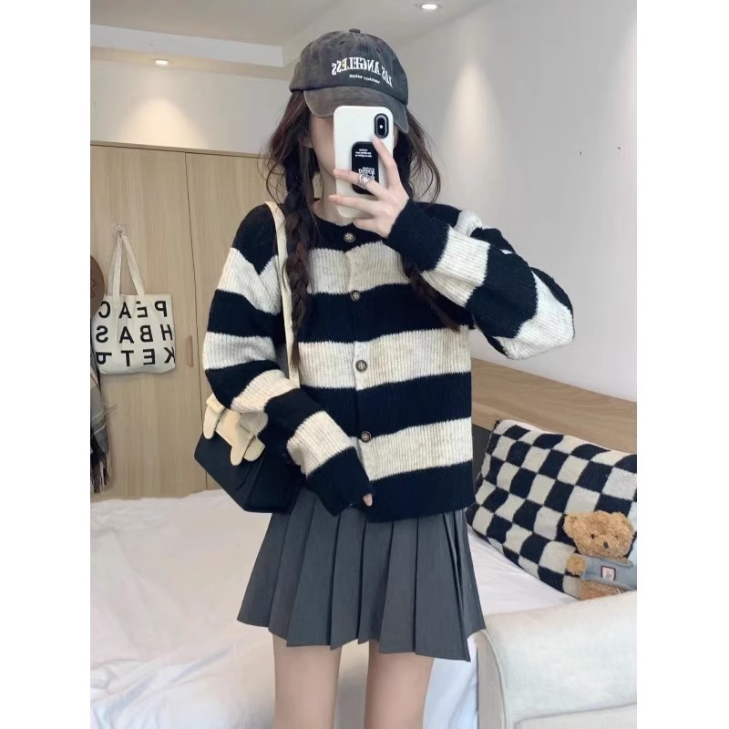 Tmall quality loose lazy style striped thick outer sweater jacket women's short cardigan