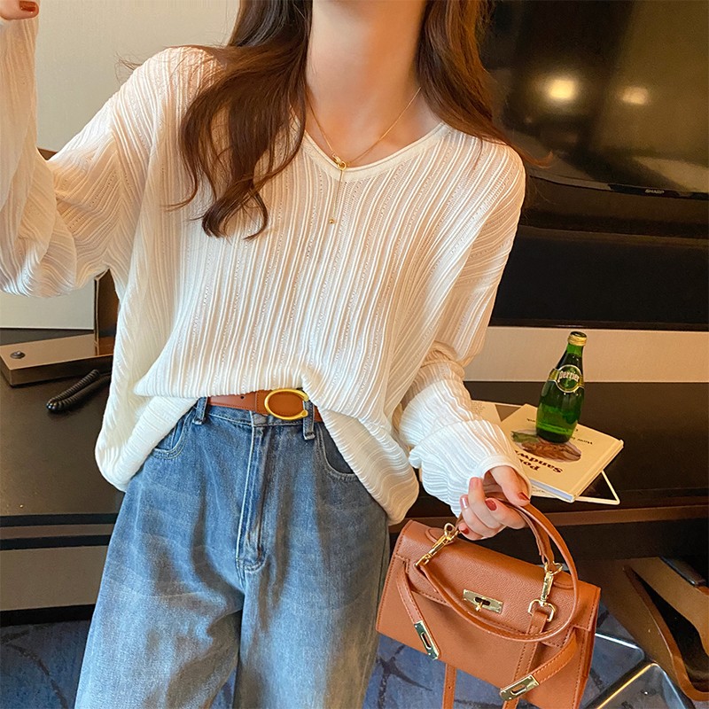 Regular size Tmall quality #loose long-sleeved V-neck knitted bottoming shirt tops for women