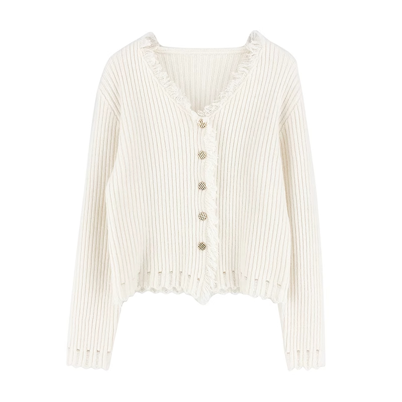 Yellow v-neck raw edge pitted sweater for women early autumn 2024 new style lazy style inner knitted cardigan slim top