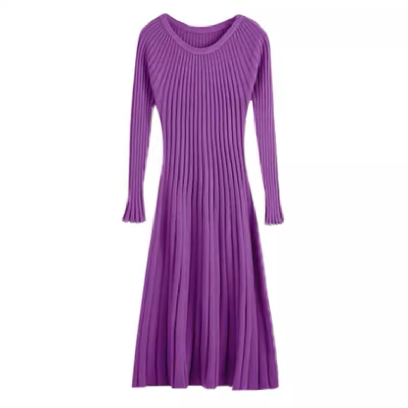 Elegant socialite hot mom autumn and winter purple long-sleeved knitted square-neck dress with a bottoming A-line skirt