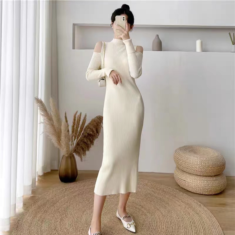 Knitted dress women's autumn and winter new long sweater dress over the knee slim half turtleneck tight off-shoulder long skirt