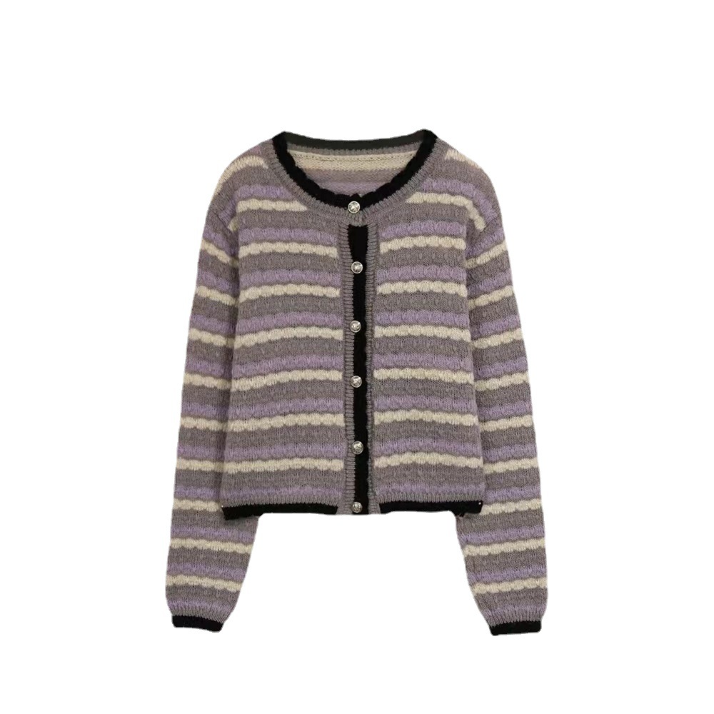 Tmall original quality #Korean retro round neck striped sweater coat for women in autumn and winter