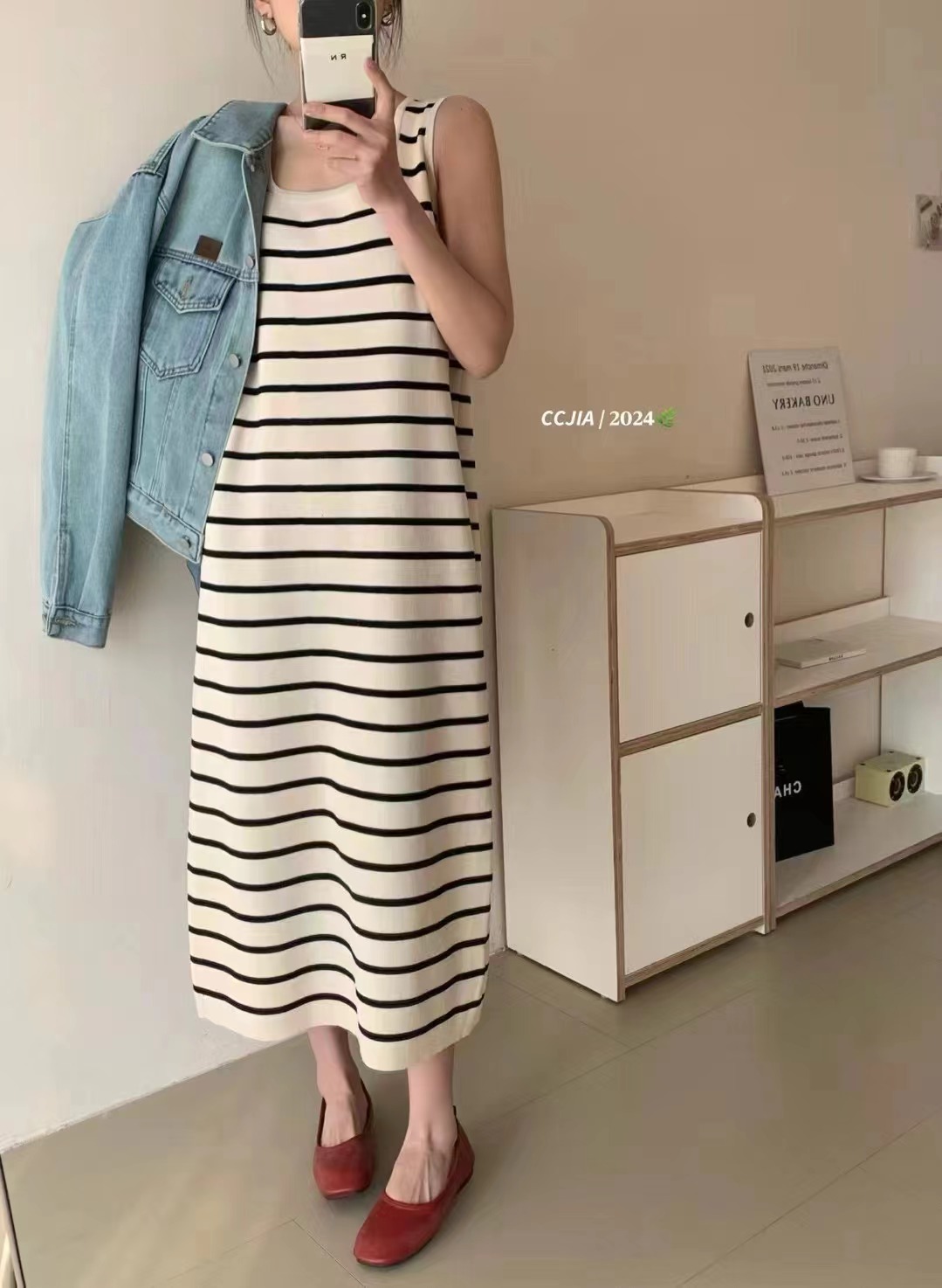 Square neck loose mid-length striped ice silk knitted dress for women in summer