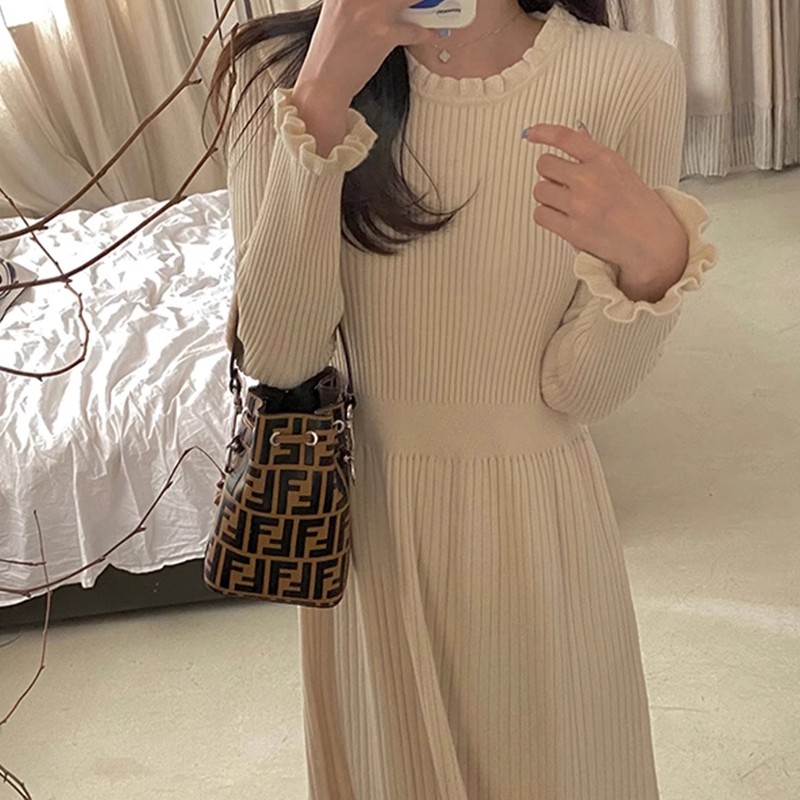 Small gentle style knitted dress for women autumn and winter mid-length waisted sweater dress over the knee slim bottoming skirt