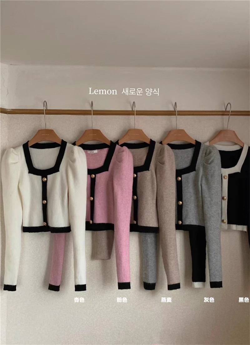 Live broadcast design niche square collar short style slim contrast color chic knitted bottoming shirt tops women's sweater