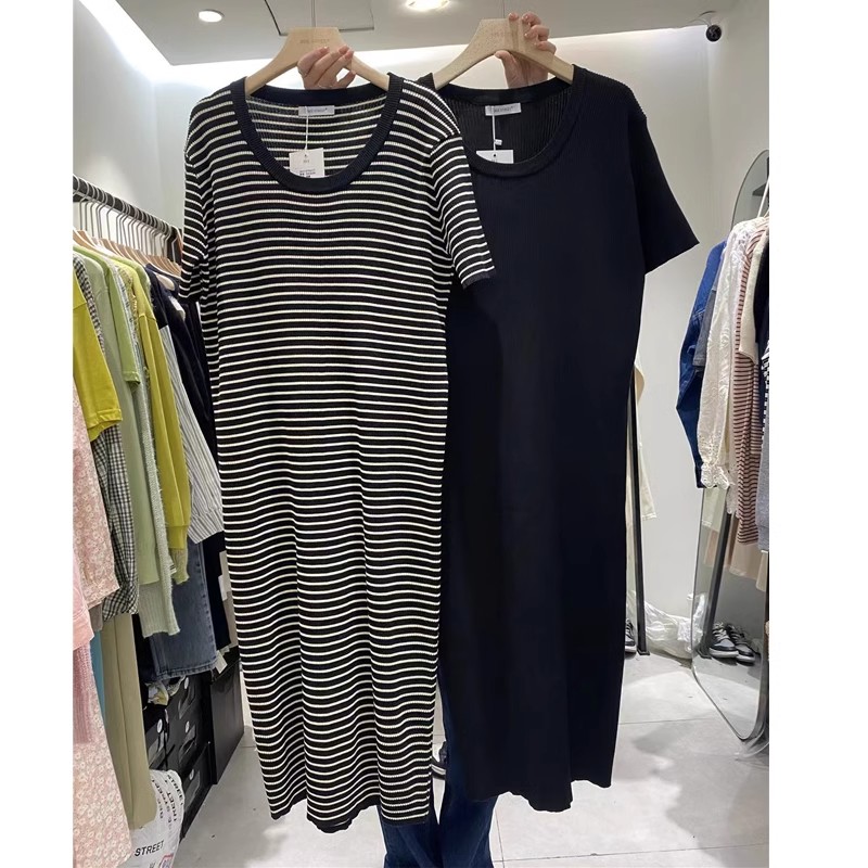 Black dress for women summer new style pullover mid-length striped loose t-shirt dress for petite women