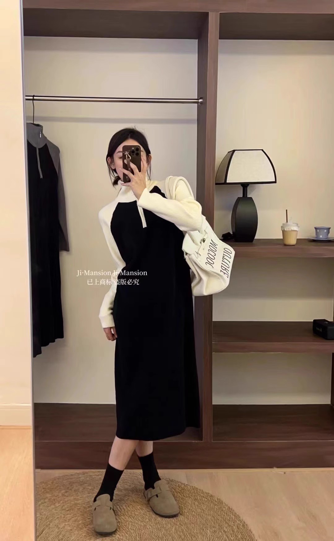 High-end design niche contrasting color loose mid-length over-the-knee knitted sweater bottoming dress