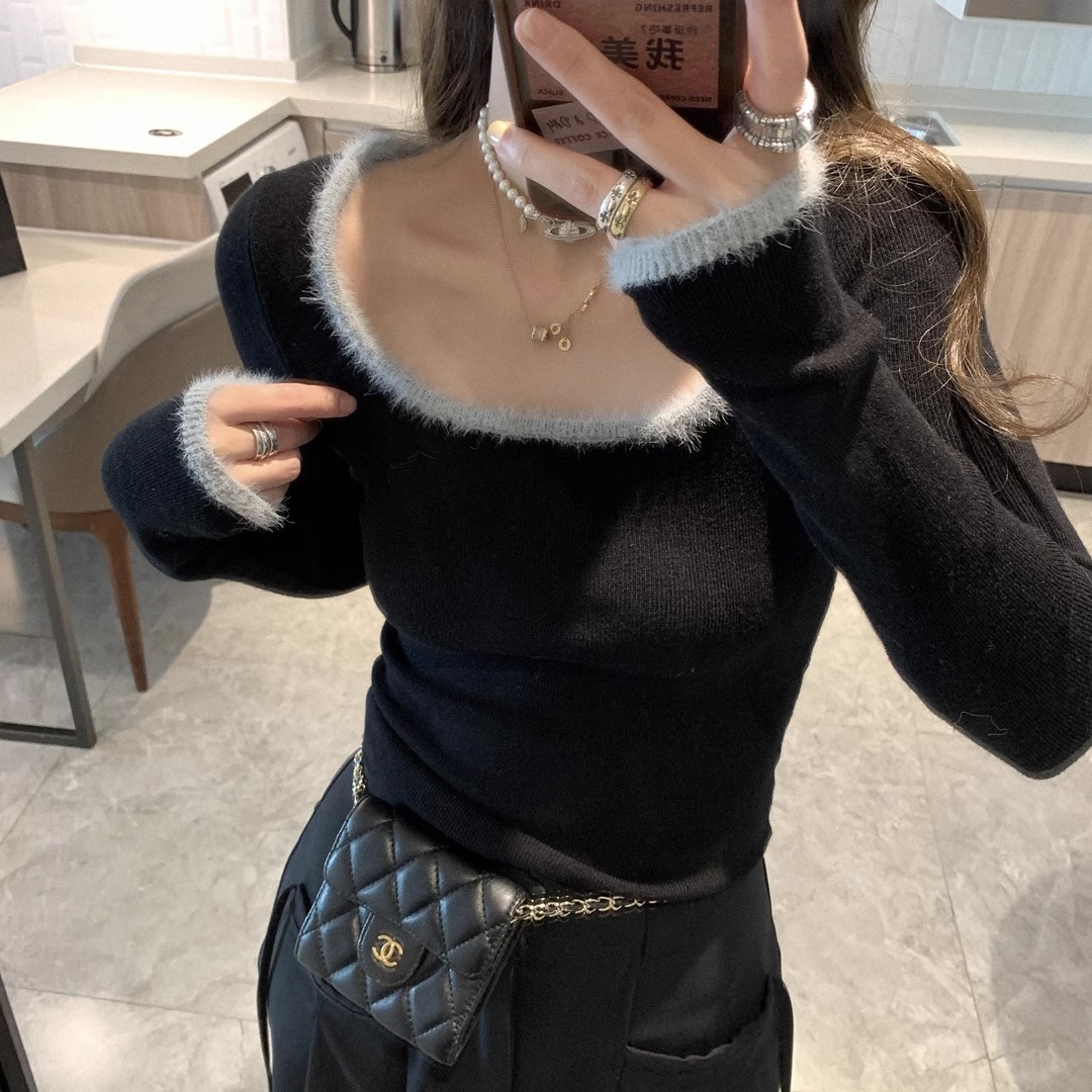 fancccy Black patchwork mink velvet U-neck sweater for women with long sleeves and slim fit sweater bottoming top