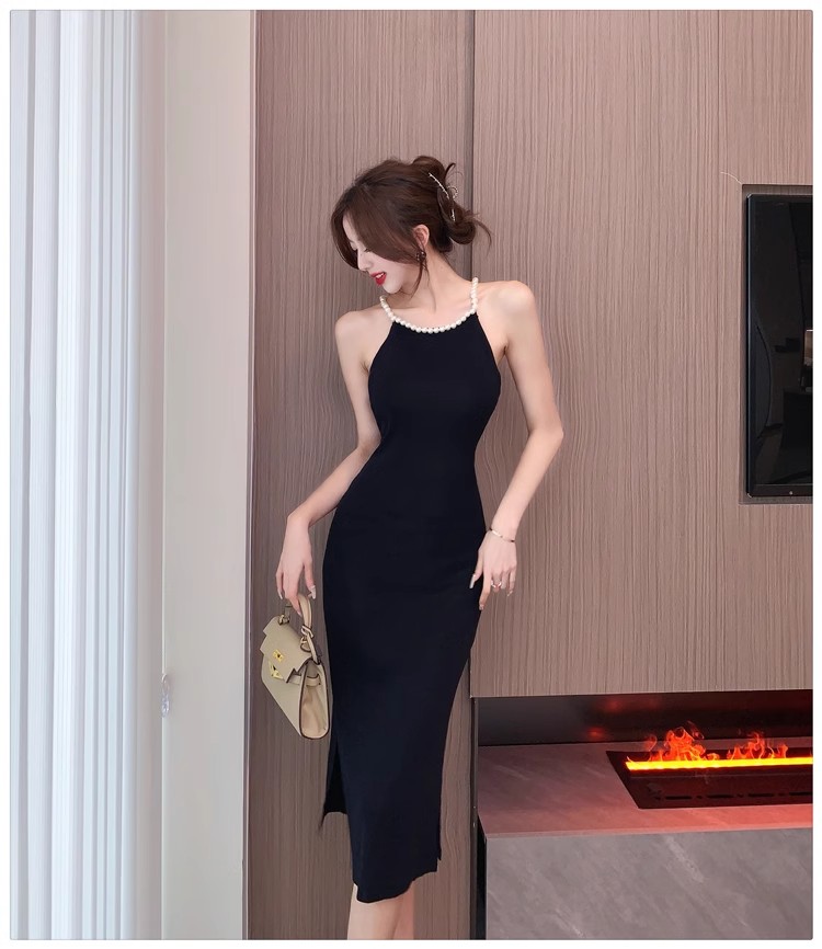 French pearl halterneck dress for women summer ice silk knitted suspender skirt Yujie sexy slit black hip skirt