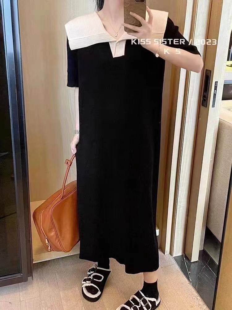 French high-end knitted dress for women in summer, chic loose slimming short-sleeved straight skirt