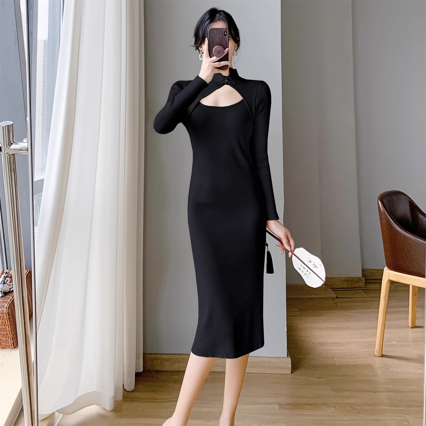 The rich daughter's new Chinese style improved cheongsam long-sleeved knitted dress women's spring and autumn Republican style small dress