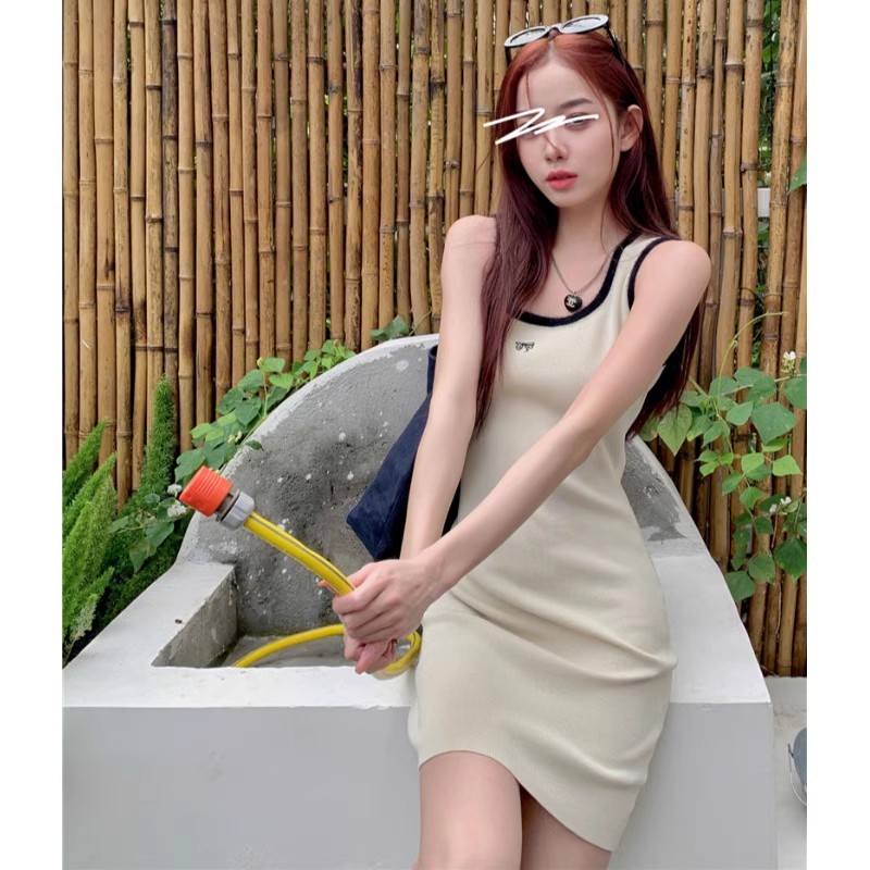 Contrast color sleeveless U-neck knitted slim suspender dress for women summer new style waist slimming bottoming skirt