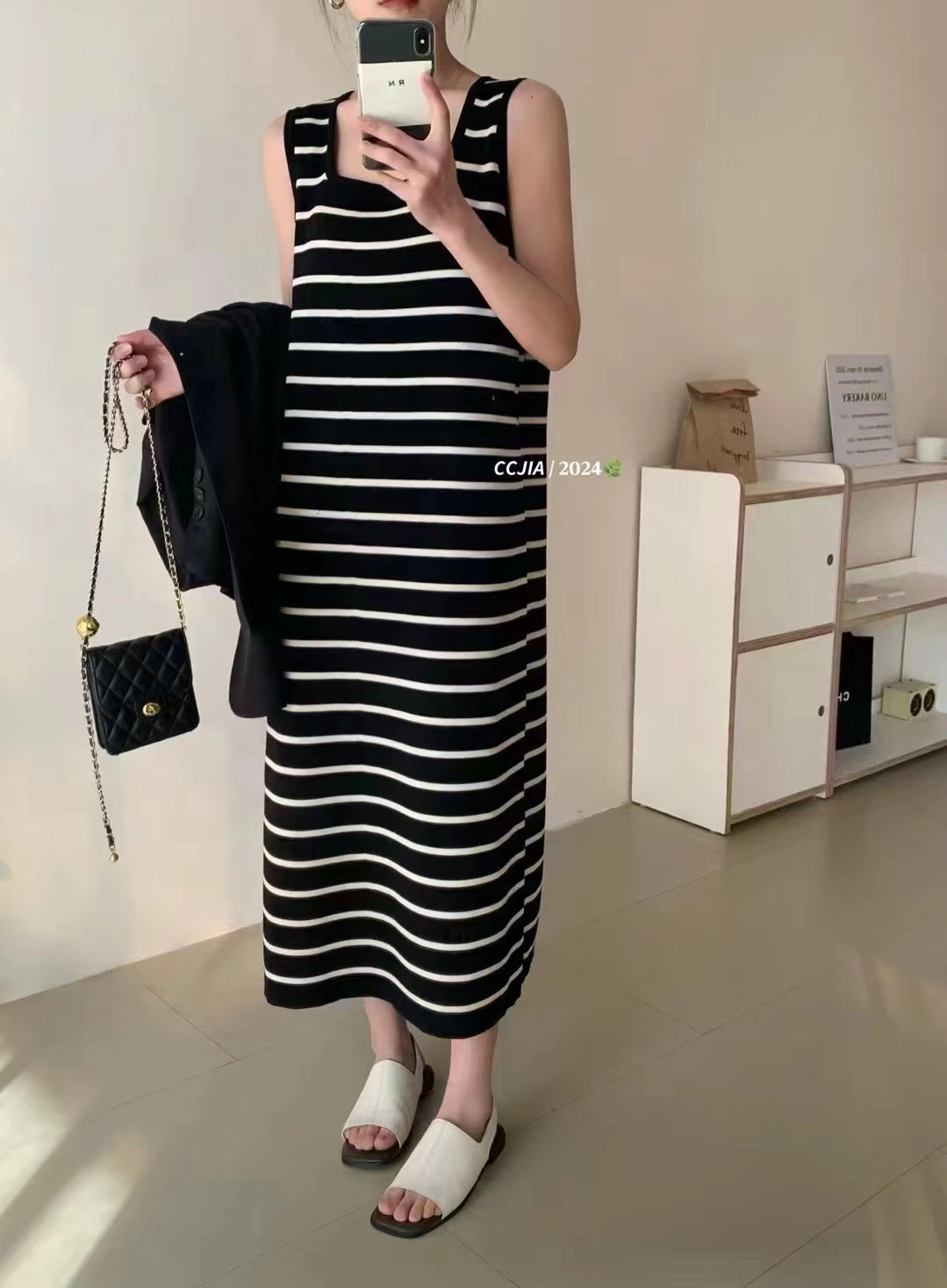 Square neck loose mid-length striped ice silk knitted dress for women in summer