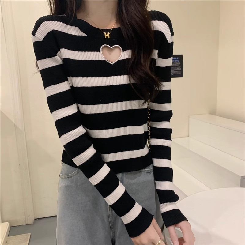 Black and white striped hollow sweater and sweater for women in autumn and winter new style chic slim bottoming shirt with long-sleeved top