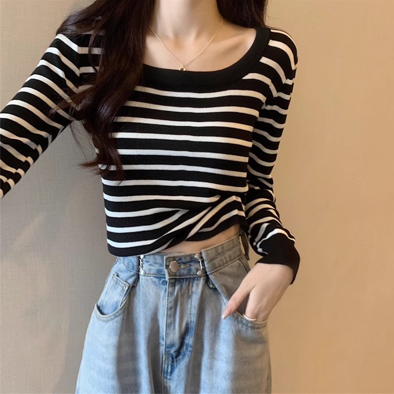 French U-neck black and white striped long-sleeved T-shirt autumn and winter tops for women new Korean style light and sophisticated style inner base sweater