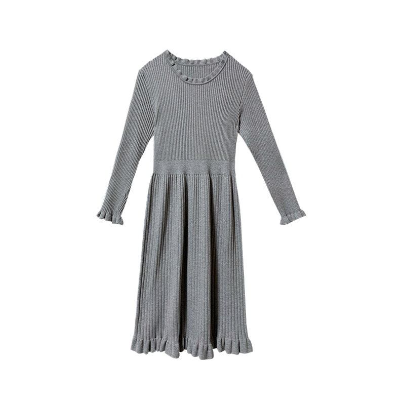 Small gentle style knitted dress for women autumn and winter mid-length waisted sweater dress over the knee slim bottoming skirt