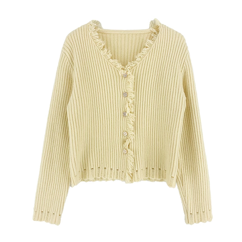 Yellow v-neck raw edge pitted sweater for women early autumn 2024 new style lazy style inner knitted cardigan slim top