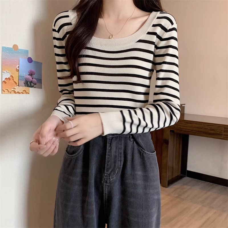 French U-neck black and white striped long-sleeved T-shirt autumn and winter tops for women new Korean style light and sophisticated style inner base sweater