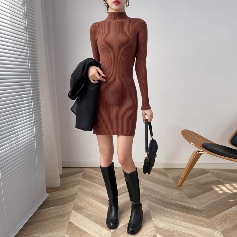 Half turtleneck knitted dress for women 2024 autumn and winter slim fit short Barbie pink hip-hugging sweater short skirt