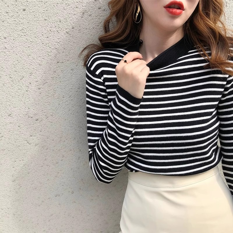 A large number of Tmall quality half turtleneck striped long-sleeved knitted bottoming shirt tops for women