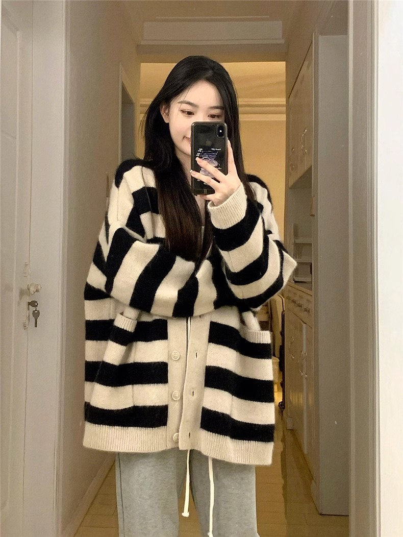  new autumn clothing Korean style loose lazy sweater women's spring and autumn striped knitted cardigan jacket top