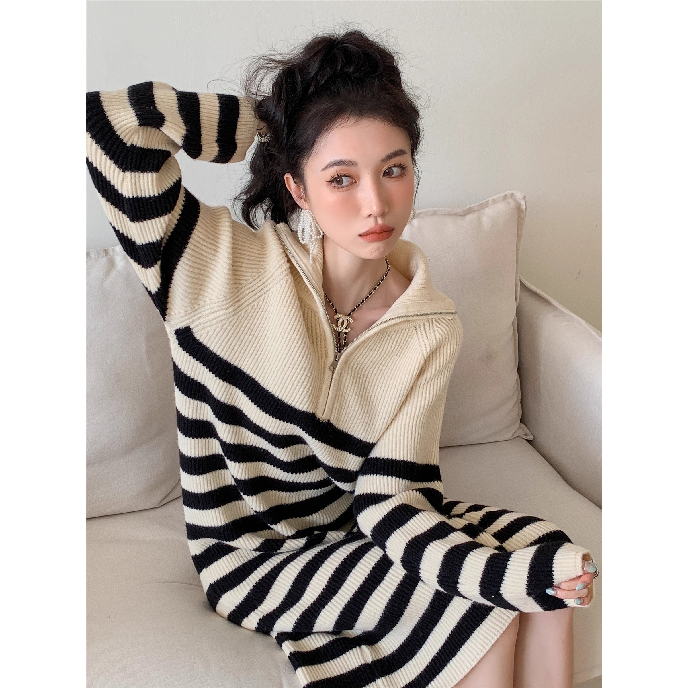 A large number of Tmall quality loose and thickened long knee-high striped knitted sweater dress long skirt