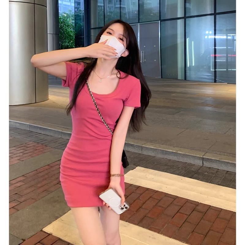 Pure lust style sexy short-sleeved dress women's spring new hot girl waist slimming temperament hip-covering short skirt trendy