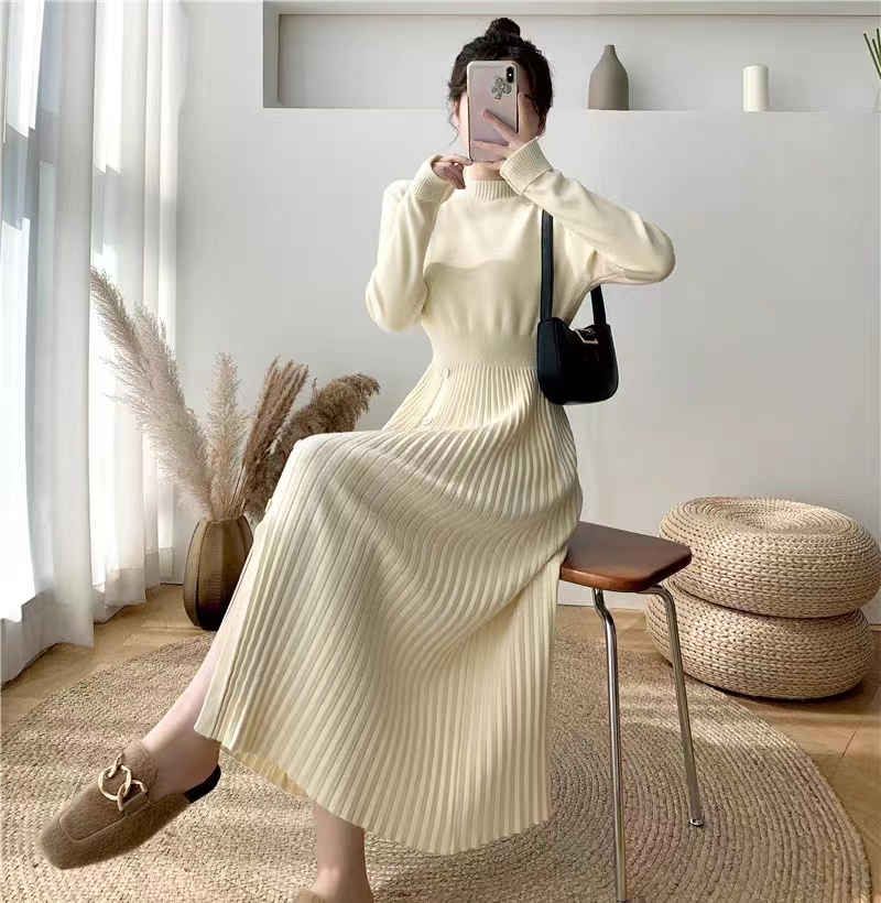 Half turtleneck mid-length sweater dress for women over the knee, knitted dress with coat underneath, autumn and winter